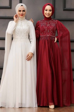Tesettürlü Abiye Elbise - Robe de Soirée Ecru Vêtements Islamiques 22162E - 3