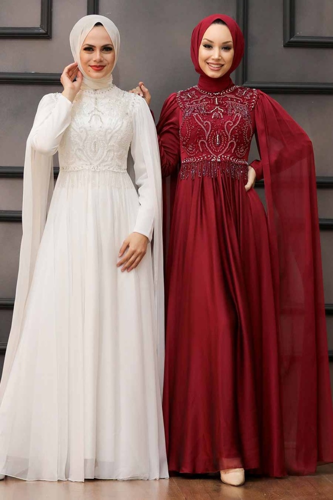 Tesettürlü Abiye Elbise - Robe de Soirée Ecru Vêtements Islamiques 22162E - 3