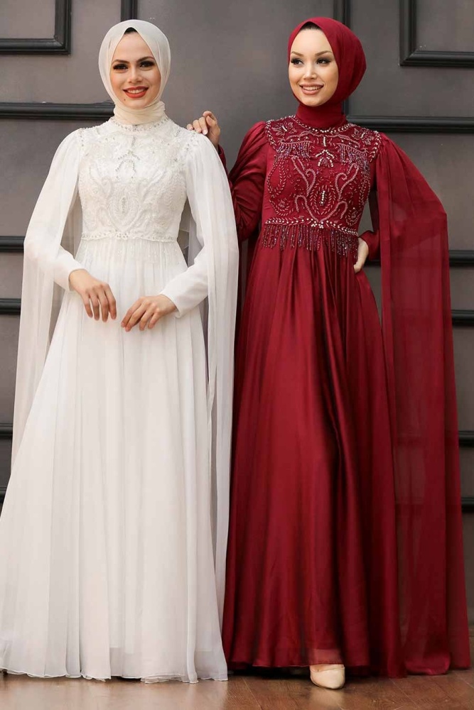 Tesettürlü Abiye Elbise - Robe de Soirée Ecru Vêtements Islamiques 22162E - 5