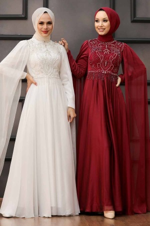 Tesettürlü Abiye Elbise - Robe de Soirée Ecru Vêtements Islamiques 22162E - 6