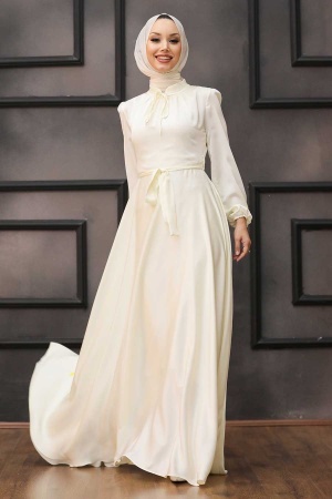 Tesettürlü Abiye Elbise -Robe de Soirée Ecru Vêtements Islamiques 25130E - 2