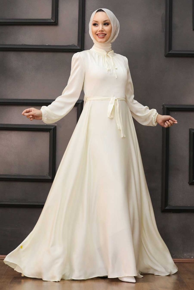 Tesettürlü Abiye Elbise -Robe de Soirée Ecru Vêtements Islamiques 25130E - 1