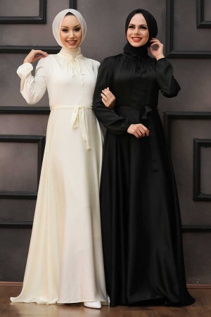Tesettürlü Abiye Elbise -Robe de Soirée Ecru Vêtements Islamiques 25130E - 3