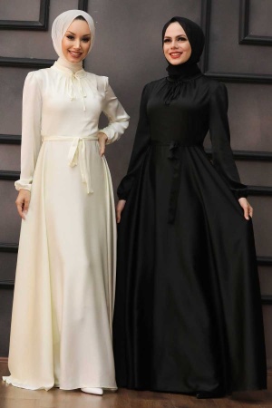 Tesettürlü Abiye Elbise -Robe de Soirée Ecru Vêtements Islamiques 25130E - 4