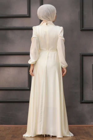Tesettürlü Abiye Elbise -Robe de Soirée Ecru Vêtements Islamiques 25130E - 5