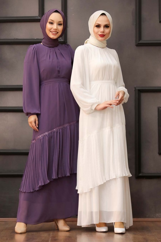 Tesettürlü Abiye Elbise -Robe de Soirée Ecru Vêtements Islamiques 40602E - 1