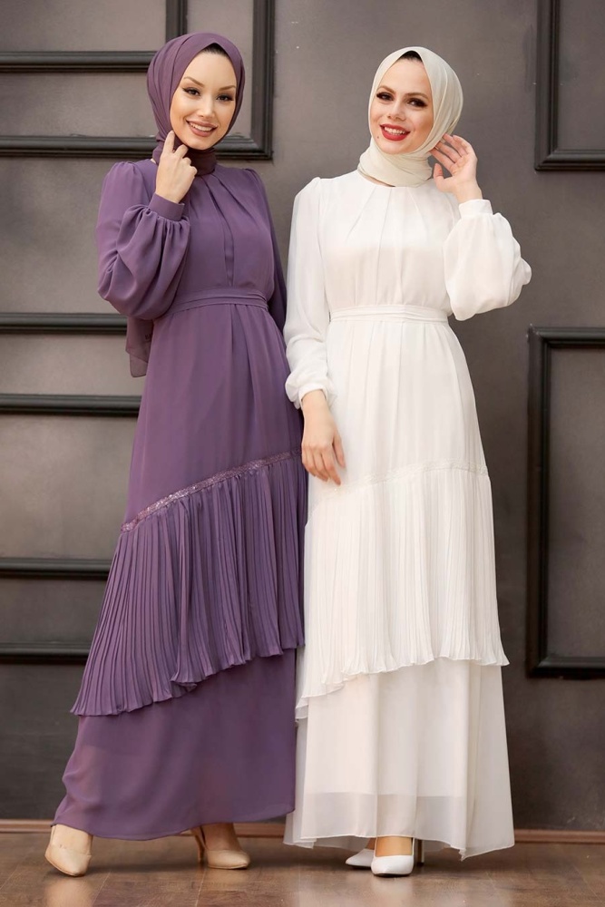 Tesettürlü Abiye Elbise -Robe de Soirée Ecru Vêtements Islamiques 40602E - 3