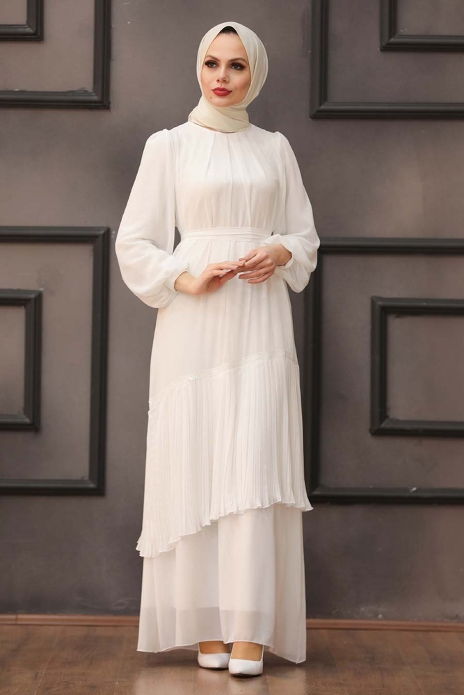 Tesettürlü Abiye Elbise -Robe de Soirée Ecru Vêtements Islamiques 40602E - 2
