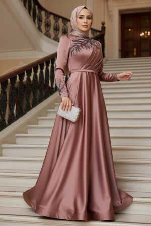 Tesettürlü Abiye Elbise - Robe de soirée en satin de cuivre 22401BKR - 1