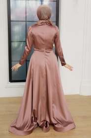 Tesettürlü Abiye Elbise - Robe de soirée en satin de cuivre 22401BKR - Thumbnail
