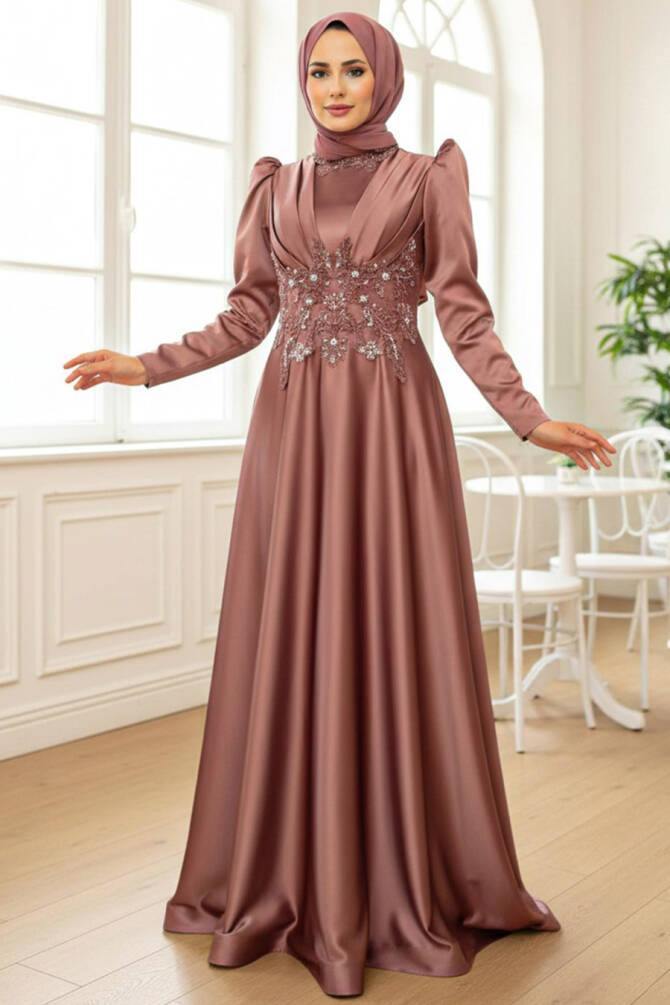 Tesettürlü Abiye Elbise - Robe de soirée en satin de cuivre 22640BKR - 1