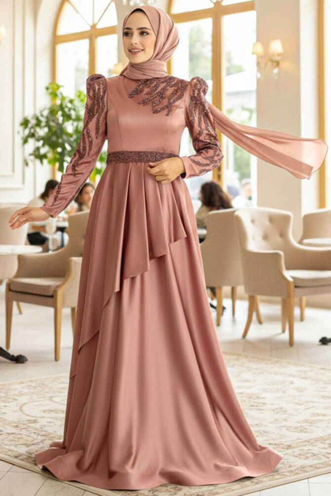 Tesettürlü Abiye Elbise - Robe de soirée en satin de cuivre 22671BKR - TESETTÜRLÜ ABİYE ELBİSELER