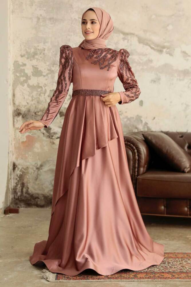 Tesettürlü Abiye Elbise - Robe de soirée en satin de cuivre 22671BKR - 1