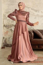 Tesettürlü Abiye Elbise - Robe de soirée en satin de cuivre 22671BKR - Thumbnail