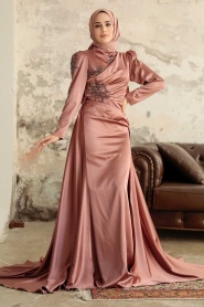 Tesettürlü Abiye Elbise - Robe de soirée en satin de cuivre 22881BKR - Thumbnail