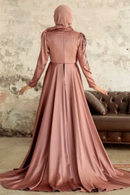 Tesettürlü Abiye Elbise - Robe de soirée en satin de cuivre 22881BKR - Thumbnail