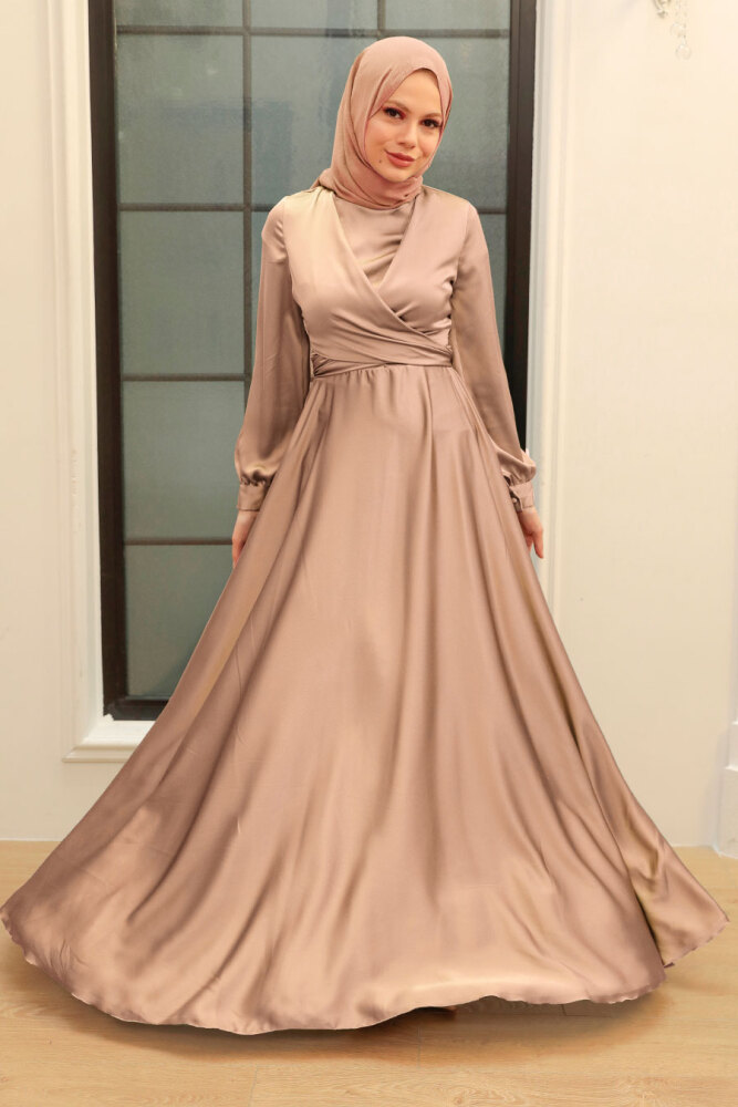 Tesettürlü Abiye Elbise - Robe de Soirée en Satin Hijab Beige 33871BEJ - 1