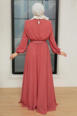 Tesettürlü Abiye Elbise - Robe de soirée en satin hijab corail 36050MR - 3