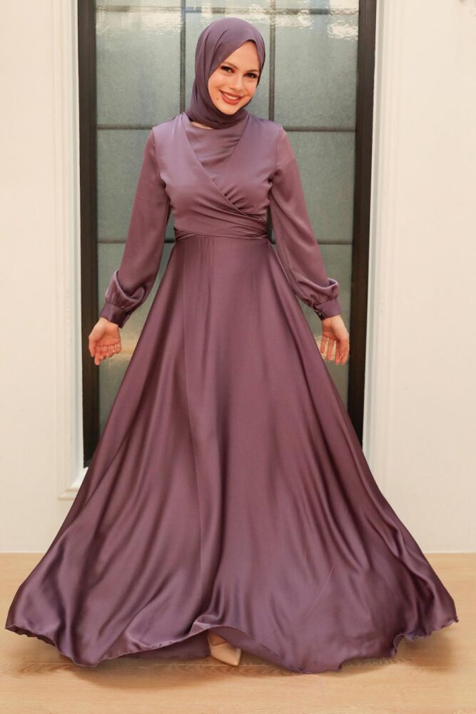 Tesettürlü Abiye Elbise - Robe de soirée en satin hijab lilas 33871LILA - 1