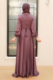 Tesettürlü Abiye Elbise - Robe de soirée en satin hijab lilas 33871LILA - Thumbnail