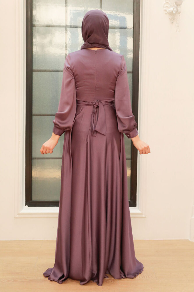 Tesettürlü Abiye Elbise - Robe de soirée en satin hijab lilas 33871LILA - 2