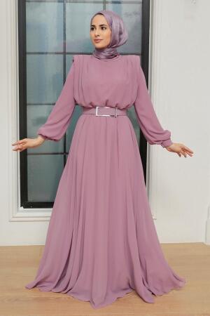 Tesettürlü Abiye Elbise - Robe de soirée en satin hijab lilas 36050LILA - 1