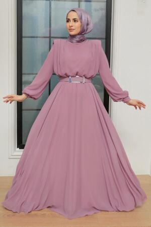 Tesettürlü Abiye Elbise - Robe de soirée en satin hijab lilas 36050LILA - 2