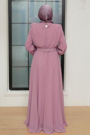 Tesettürlü Abiye Elbise - Robe de soirée en satin hijab lilas 36050LILA - 3