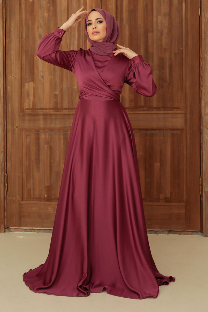 Tesettürlü Abiye Elbise - Robe de Soirée en Satin Hijab Rose Foncé 33871KGK - 1