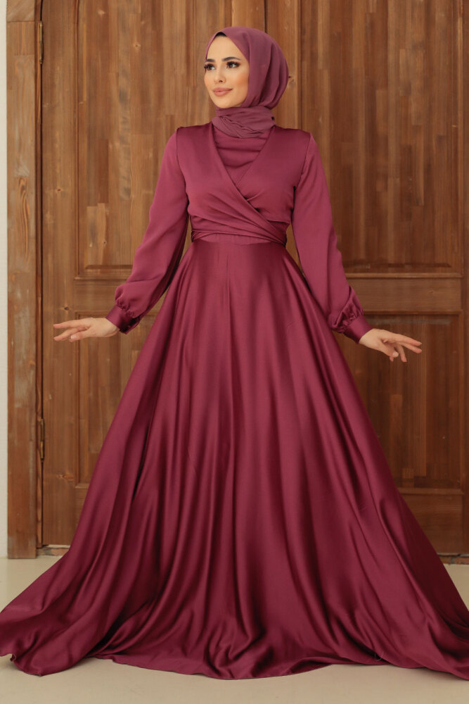 Tesettürlü Abiye Elbise - Robe de Soirée en Satin Hijab Rose Foncé 33871KGK - 2