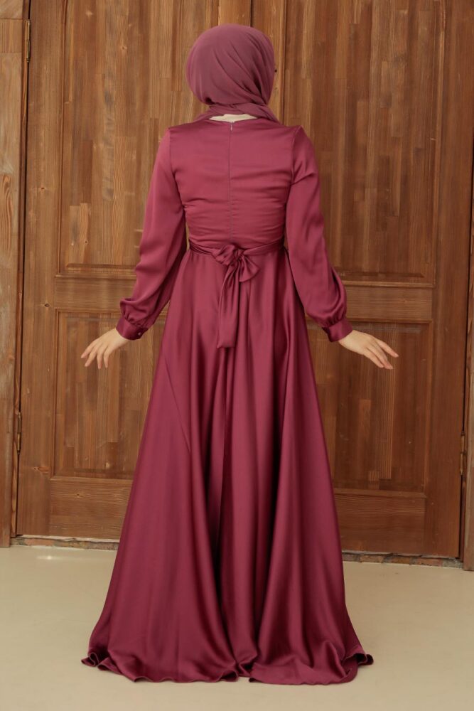 Tesettürlü Abiye Elbise - Robe de Soirée en Satin Hijab Rose Foncé 33871KGK - 3