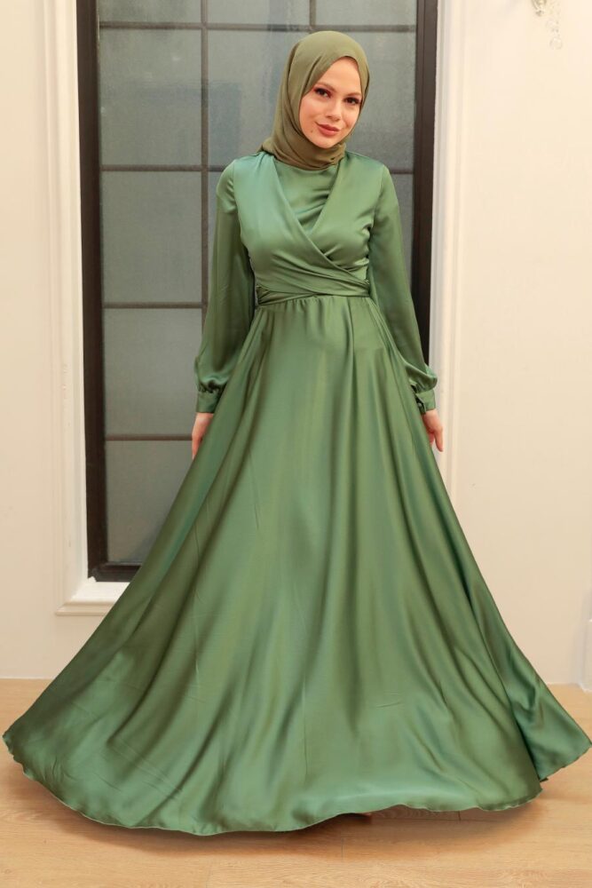 Tesettürlü Abiye Elbise - Robe de Soirée en Satin Hijab Vert 33871CY - 1