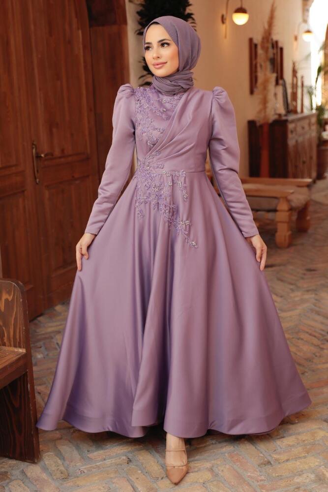 Tesettürlü Abiye Elbise - Robe de soirée en satin lilas 22460LILA - 3
