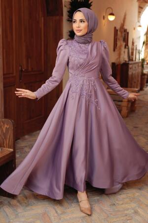 Tesettürlü Abiye Elbise - Robe de soirée en satin lilas 22460LILA - 1
