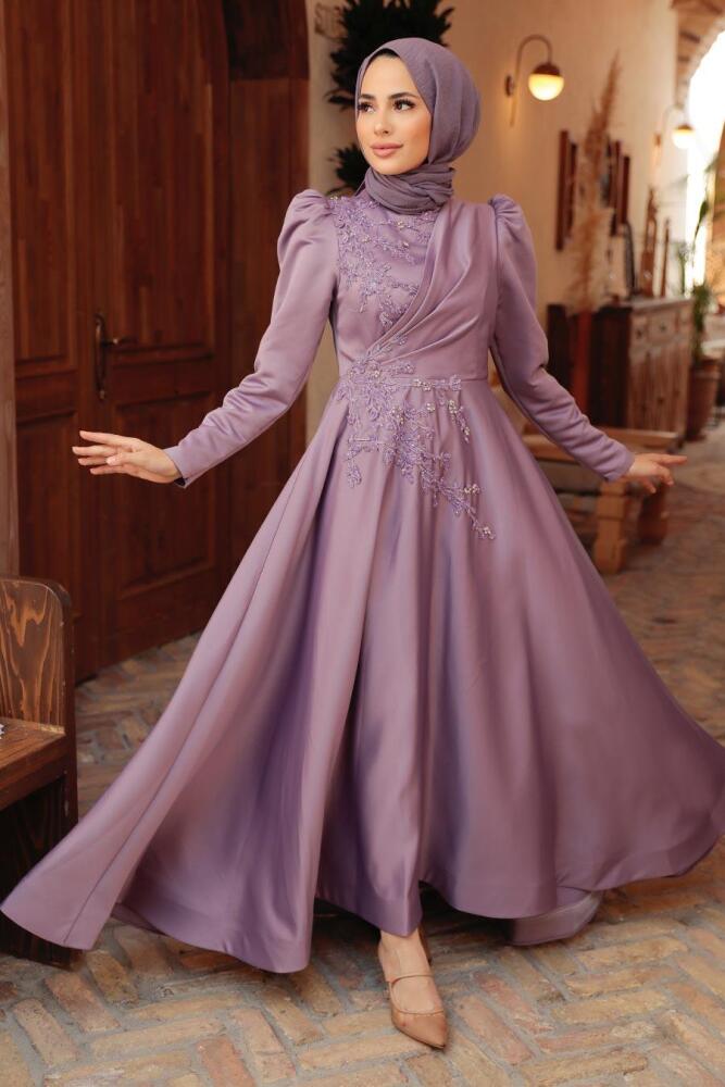 Tesettürlü Abiye Elbise - Robe de soirée en satin lilas 22460LILA - 1