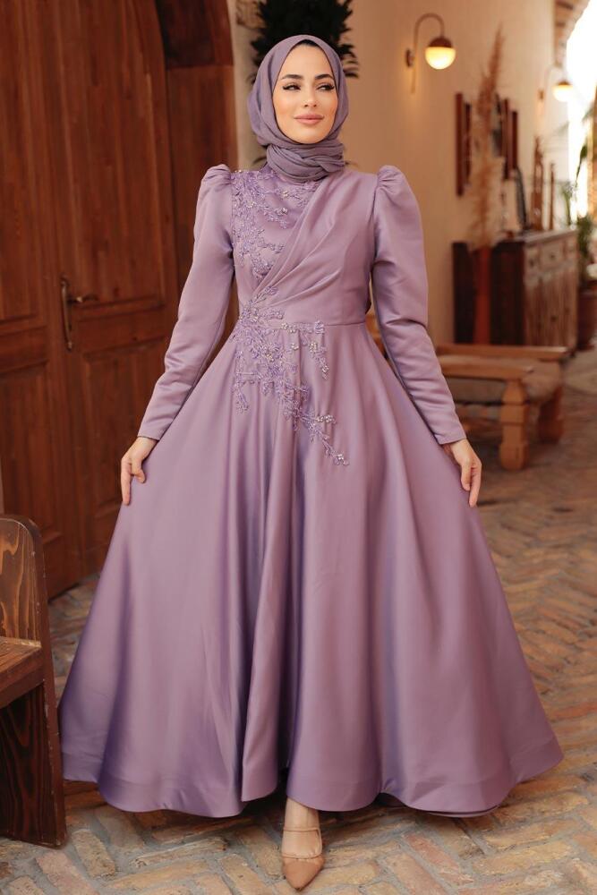 Tesettürlü Abiye Elbise - Robe de soirée en satin lilas 22460LILA - 2