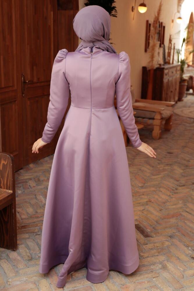Tesettürlü Abiye Elbise - Robe de soirée en satin lilas 22460LILA - 4