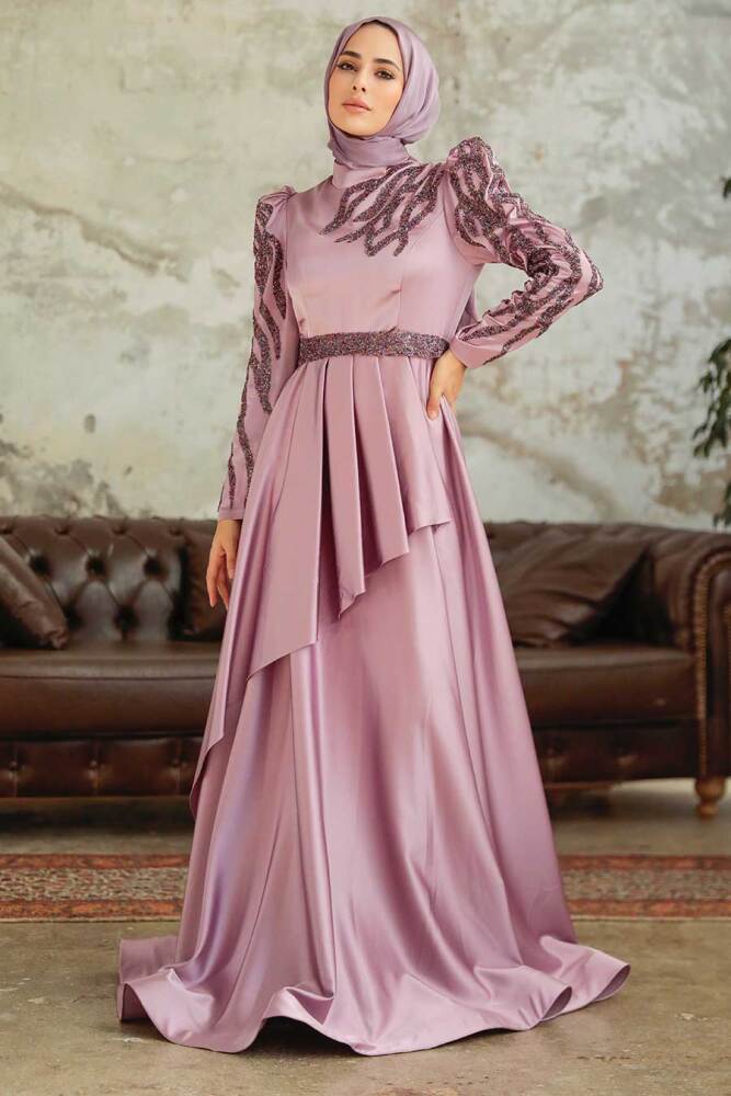 Tesettürlü Abiye Elbise - Robe de soirée en satin lilas 22671LILA - 2