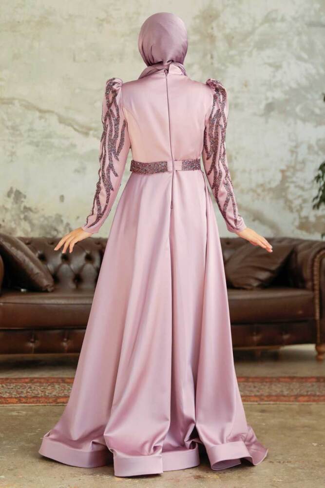 Tesettürlü Abiye Elbise - Robe de soirée en satin lilas 22671LILA - 4