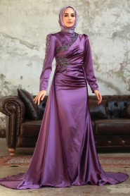 Tesettürlü Abiye Elbise - Robe de soirée en satin lilas 22881LILA - Thumbnail
