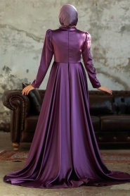 Tesettürlü Abiye Elbise - Robe de soirée en satin lilas 22881LILA - Thumbnail