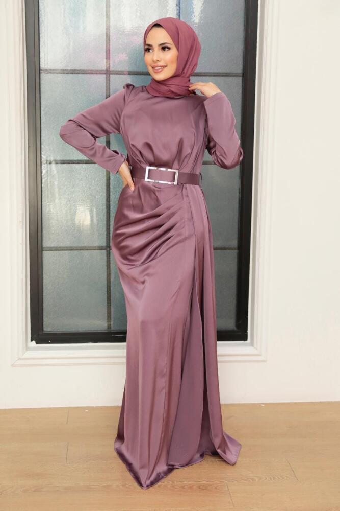 Tesettürlü Abiye Elbise - Robe de soirée en satin lilas 3606LILA - 1