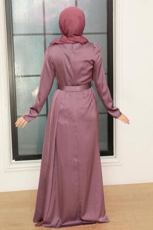 Tesettürlü Abiye Elbise - Robe de soirée en satin lilas 3606LILA - 4
