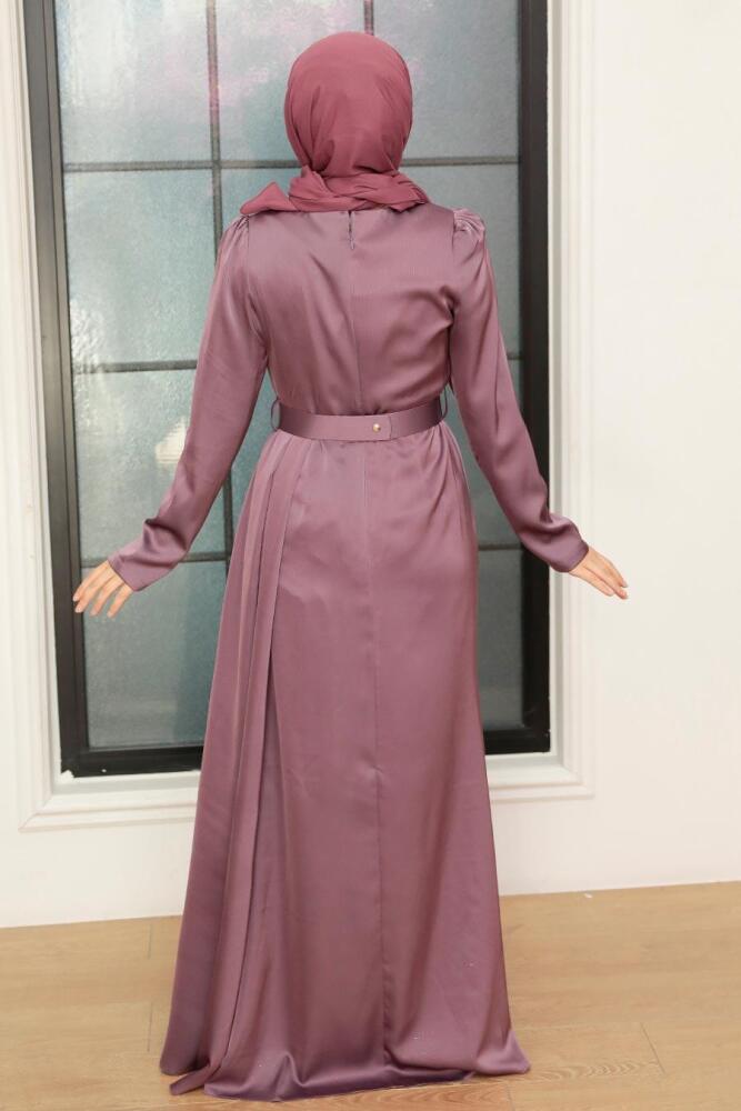 Tesettürlü Abiye Elbise - Robe de soirée en satin lilas 3606LILA - 4