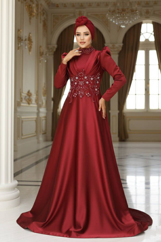 Tesettürlü Abiye Elbise - Robe de soirée en satin rouge bordeaux 22640BR - 1