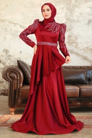 Tesettürlü Abiye Elbise - Robe de soirée en satin rouge bordeaux 22671BR - Thumbnail
