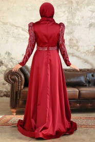 Tesettürlü Abiye Elbise - Robe de soirée en satin rouge bordeaux 22671BR - Thumbnail