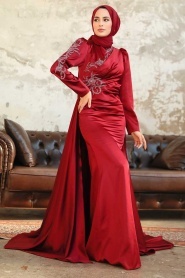 Tesettürlü Abiye Elbise - Robe de soirée en satin rouge bordeaux 22881BR - Thumbnail