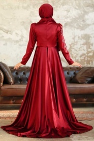 Tesettürlü Abiye Elbise - Robe de soirée en satin rouge bordeaux 22881BR - Thumbnail