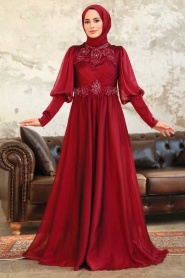 Tesettürlü Abiye Elbise - Robe de soirée en satin rouge bordeaux 25822BR - Thumbnail